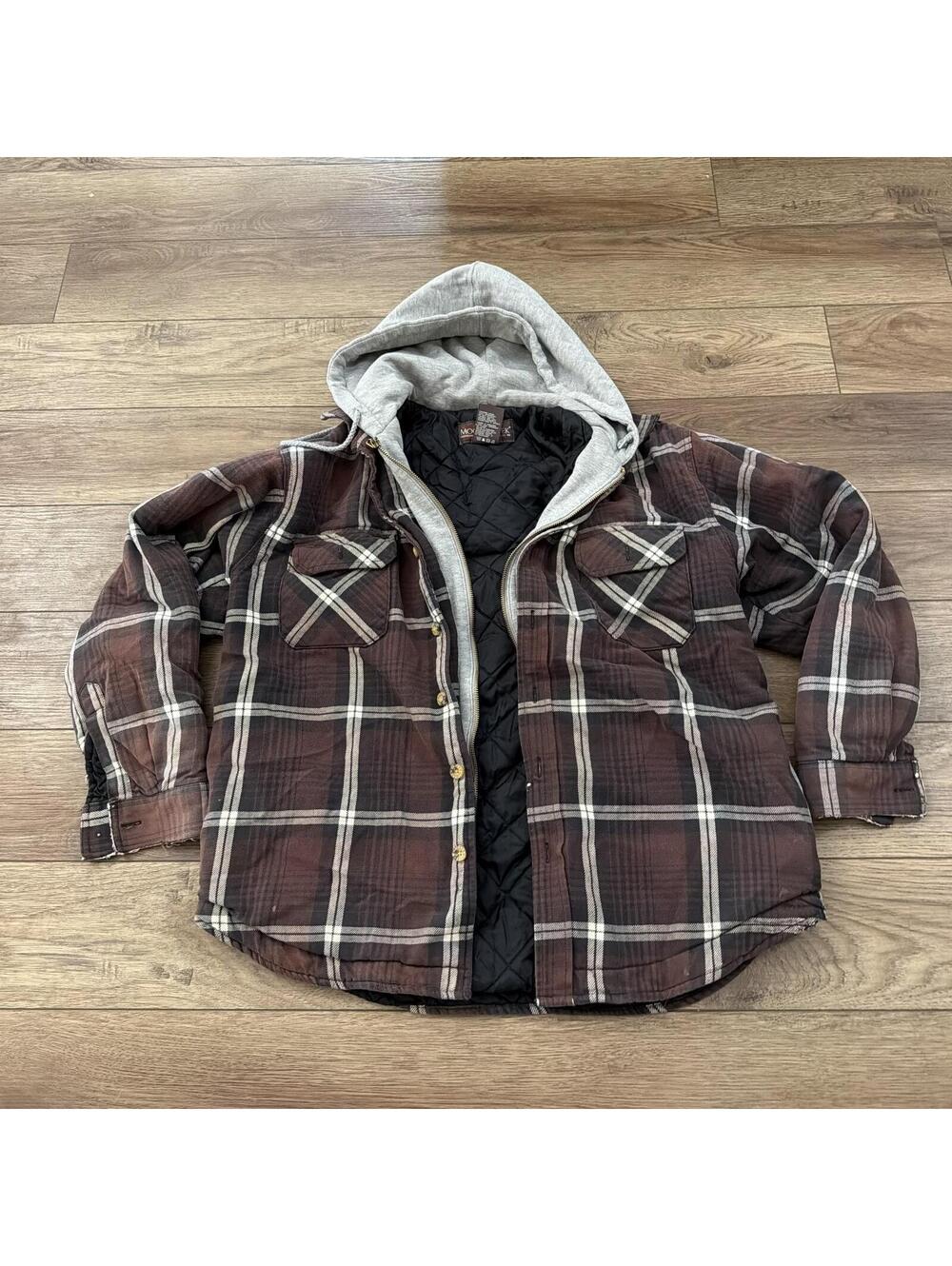 Vintage Plaid Flannel Jacket Hoodie Y2k Distressed Shacket M